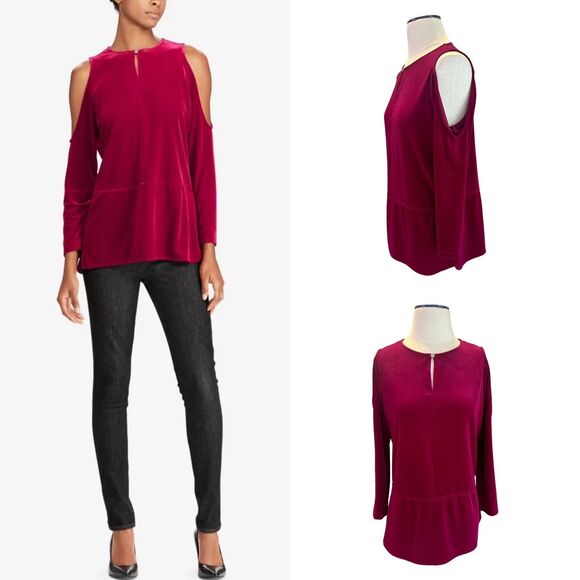 RALPH LAUREN Burgundy Velvet Cold Shoulder Long Sleeve Blouse Size M Retail‎ $89 - Picture 1 of 11
